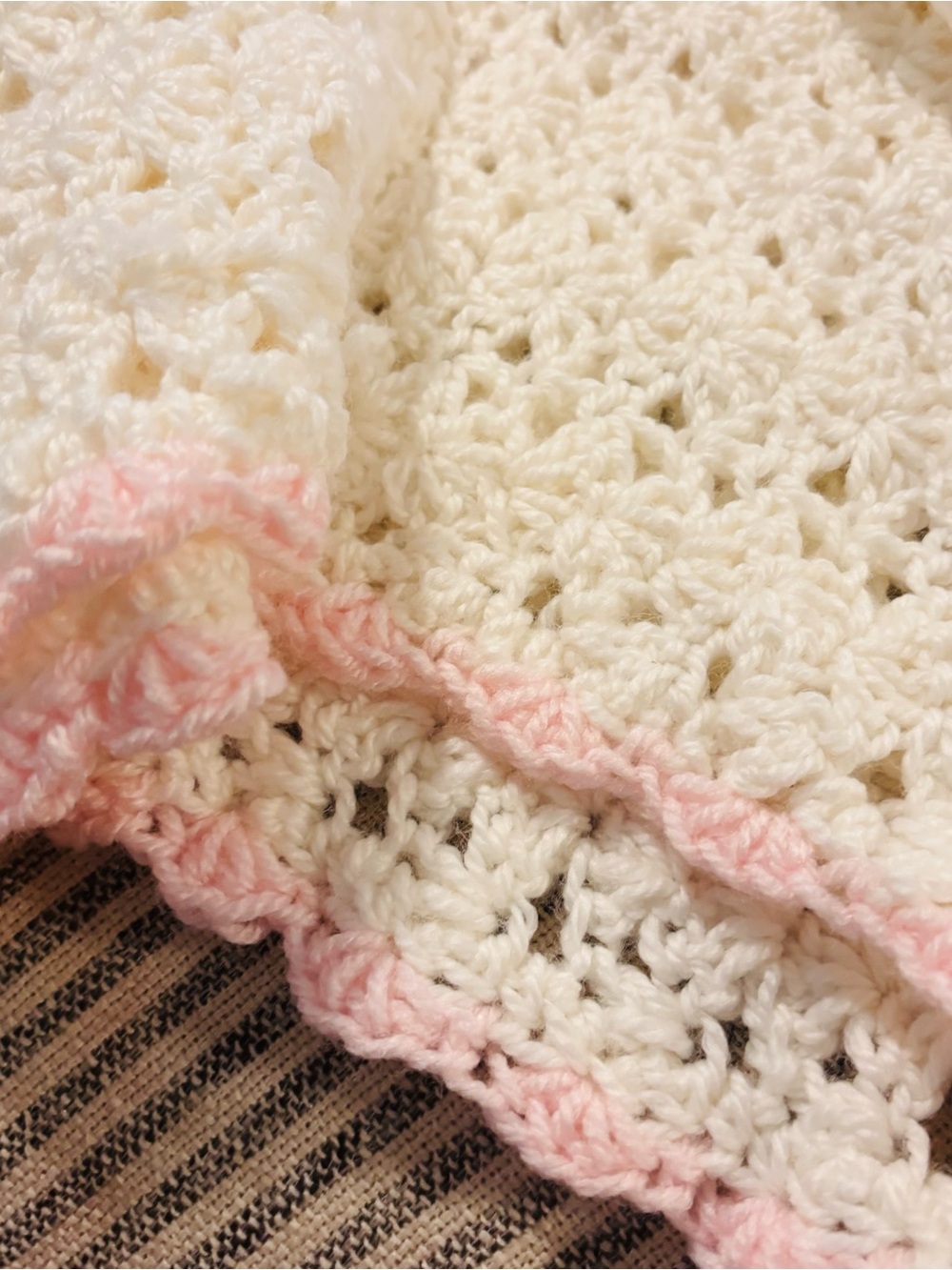Handmade Crochet Blanket with Pink Trim